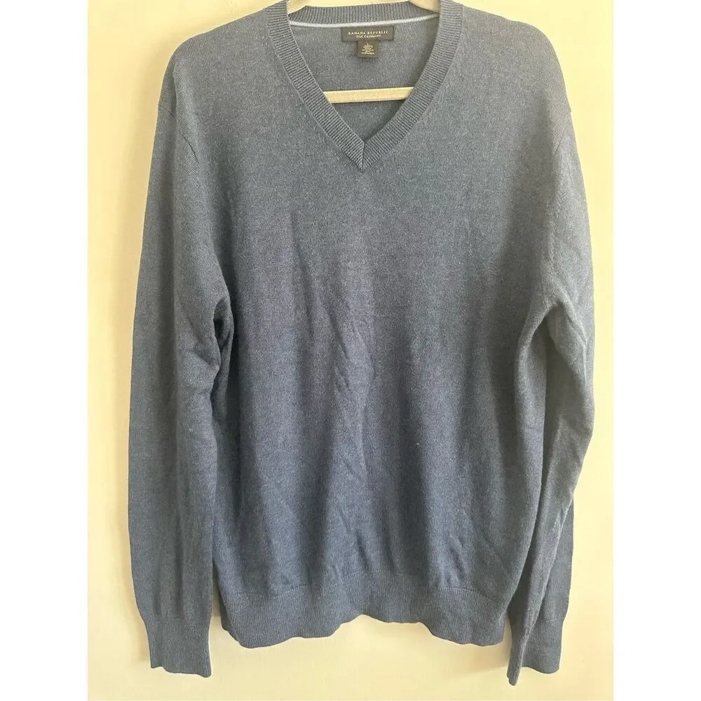 banana republic men’s v neck silk cashmere blend blue knit sweater size large
